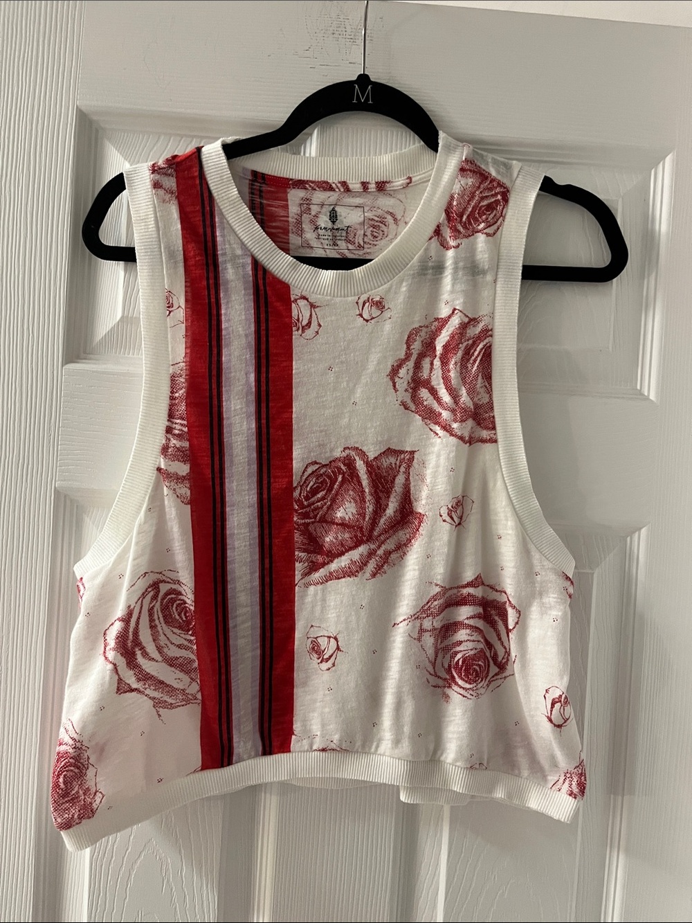 Free People White Crop Tank with Red Rose Print and Stripe